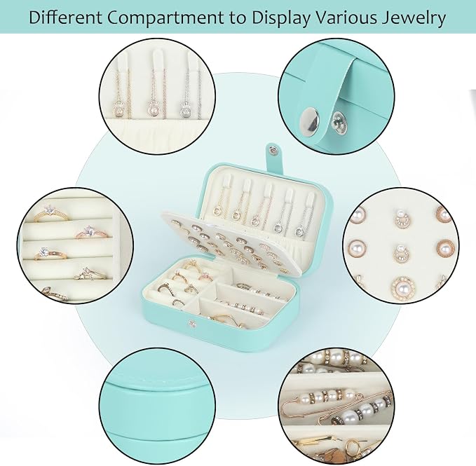 Hatori Travel Jewelry Box, PU Leather Small Jewelry Organizer for Women Girls, Double Layer Portable Mini Travel Case Display Storage Holder Boxes for Stud Earrings, Rings (Turquoise)