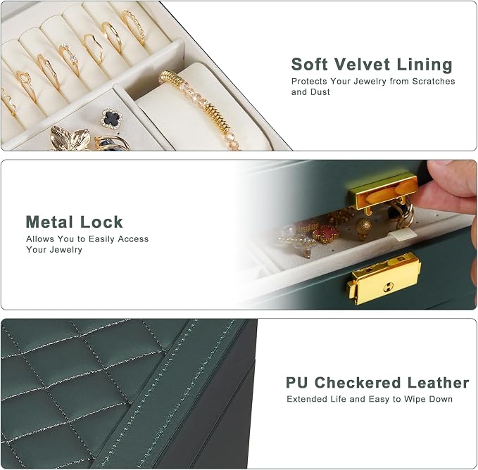 GUOER Jewelry Box for Women Girls, Two Layers Organizer, Hunter Green | Vintage Quilting Stitching PU Leather,Earrings Bracelets Rings Necklace Watches Storage Large Jewellery Holder Case Gifts