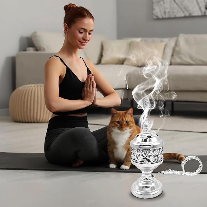 Sliver Incense Burner with Tong – Frankincense Charcoal Incense Stand Aromatherapy, Yoga, Spa, Home Decor, and Church Use – Compact & Durable Bakhoor Holder
