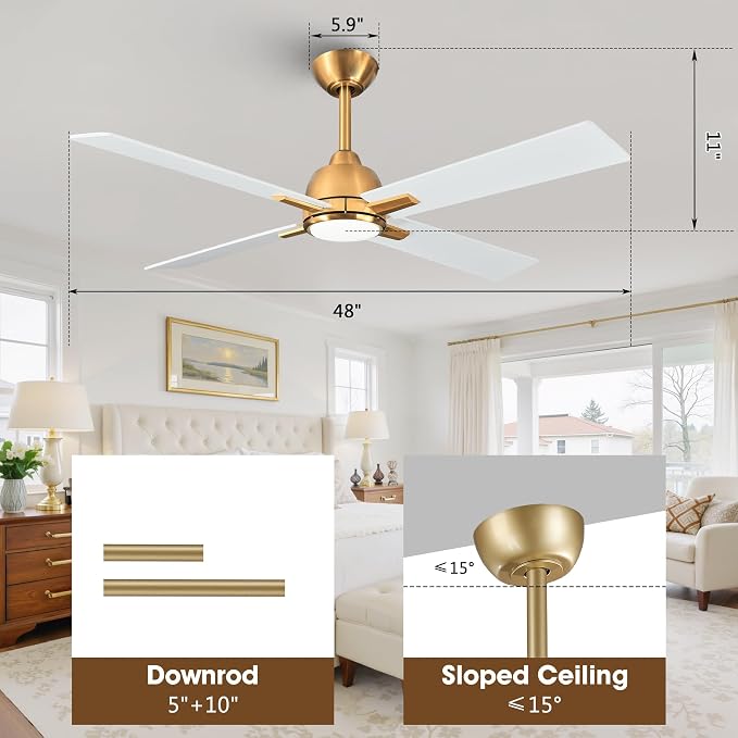 48" Modern White & Gold Ceiling Fan with LED Light and Remote Control, Quiet Reversible DC Motor, 6-Speed Indoor Ceiling Fan for Bedroom, Living Room, Dining Room
