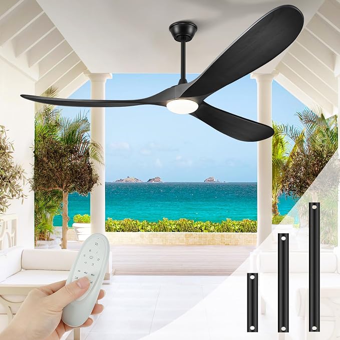 52" Outdoor Ceiling Fans with Lights and Remote Control, Wood Ceiling Fan with Lights High CFM Quiet 3 Blade Wood Walnut Fan, Propeller Ceiling Fan for Outdoor/Patio,Matte Black