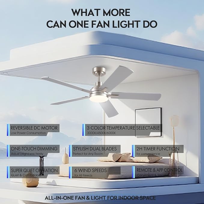 JSAITEE Ceiling Fans with Lights, 52 Inch Low Profile Modern Fan with Light and Remote Control, DC Reversible Motor, Noiseless,3CCT,Dimmable, Nickel 6 Speeds Fan Light for Bedroom Living room