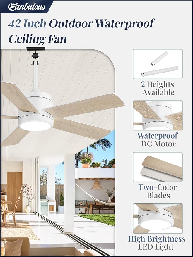 Fanbulous 42" Outdoor Ceiling Fan with Light and Remote, IP65 Waterproof, Plug-in Design with 10FT Cord, 6-Speeds, 3CCT, Hook Hanging Fan for Gazebo Patio Porch Garage Canopy(White)