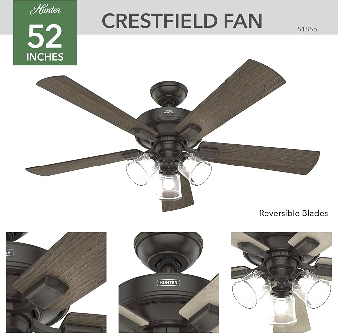Hunter Crestfield, Indoor, Ceiling Fan, 5 Blades, 52 inch, Noble Bronze | with LED Lights and Remote Control, Standard Mount, For Bedroom, Living Room, Kitchen, 3 inch Downrod, 51856