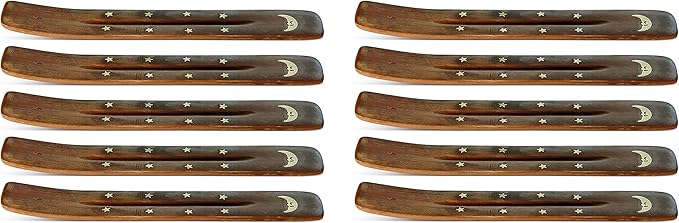 10 Pack Brass Moon Inlay Handmade Wooden Incense Stick Holders, Ash-Catchers