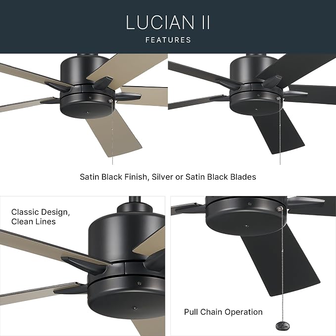 Kichler Lucian II 60 Modern Indoor Ceiling Fan with AC Motor, Pull Chain Control and Contemporary Design in Satin Black for Bedroom or Living Room, 330243SBK