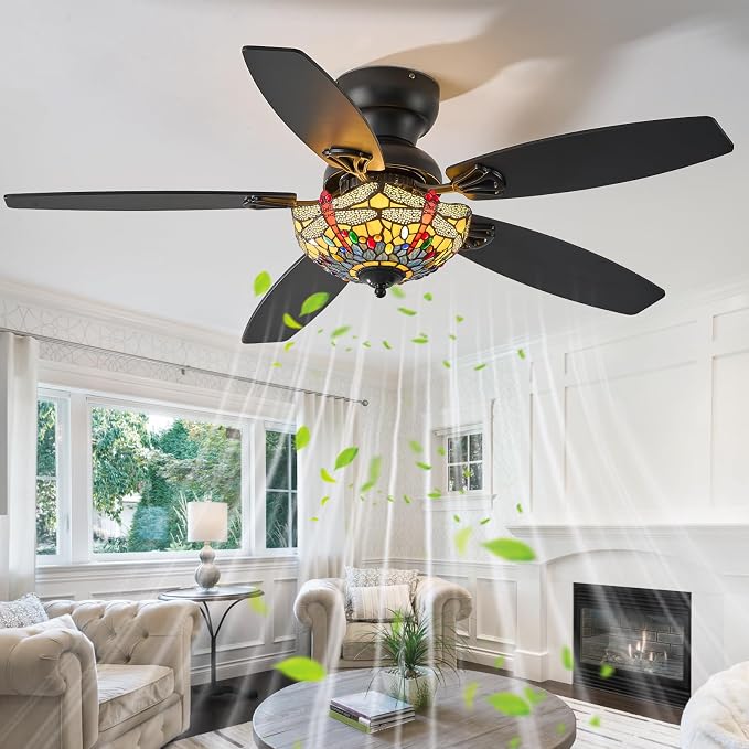 Tiffany Ceiling Fans with Lights - 48" Ceiling Fan Chandelier with 5 Dual-Blades and Glass Shade, 6 Speeds and Reversible, Indoor and Outdoor, Retro Style