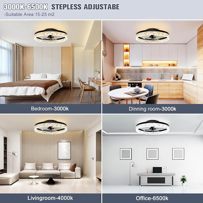VOLISUN Modern Ceiling Fans with Lights and Remote, No Assembly, 19.7in Low Profile Ceiling Fan Flush Mount, 3000K-6500K Dimmable Bladeless LED Fan Light, Brown Fandelier Ceiling Fans for Bedroom