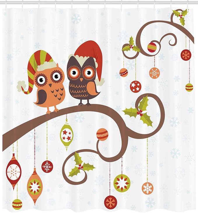 Ambesonne Christmas Shower Curtain, Owls on Celebrating Twiggy Tree Branches Annual Yule Noel Christmas Themed Print, Cloth Fabric Bathroom Decor Set with Hooks, 69" W x 84" L, Brown Red
