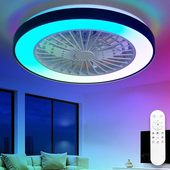 Depuley RGB Ceiling Fan with Light: 19" Enclosed Low Profile Flush Mount LED Ceiling Fans with Remote Control - Modern Black Bladeless Fandelier Dimmable Quiet DC Motor for Bedroom KTV Room