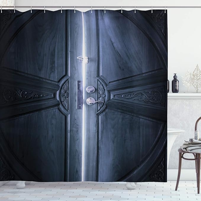 Ambesonne Rustic Shower Curtain, Sun Rays Entering Through Slightly Open Door Shadow Sunbeam Inside The House Image, Cloth Fabric Bathroom Decor Set with Hooks, 69" W x 70" L, Black White
