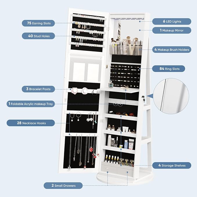 360° Rotating Jewelry Armoire with Full-Length Mirror & LED | Lockable Standing Organizer, Secure Storage For Jewelry, White