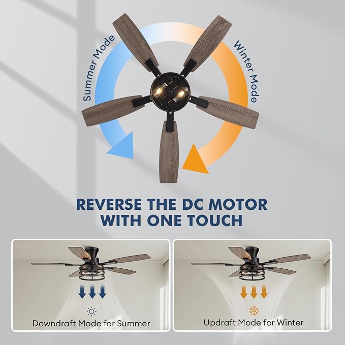 52 Inch Flush Mount Ceiling Fans with Lights and Remote Control, Low Profile Farmhouse Ceiling Fan for Bedroom Living Room and Patio, Black Caged Ceiling Fan for Indoor and Outdoor（No Bulb）