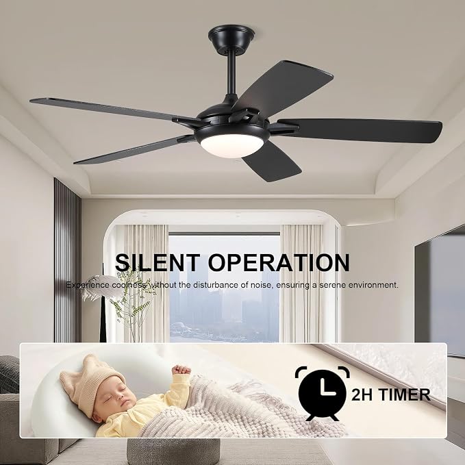 Kviflon 52 Inch Ceiling Fans with Lights and Remote, Modern Indoor Outdoor Ceiling Fan for Bedroom Living Room Patio Porch, 6 Speeds, Reversible Quiet Motor, Dual Finish Wooden Blades, Black