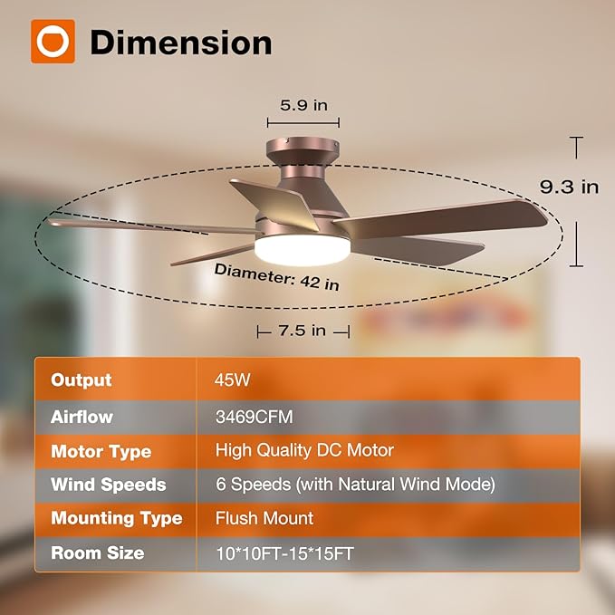 addlon Ceiling Fans with Lights, 42 Inch Low Profile Ceiling Fan with Light and Remote Control, Flush Mount, Reversible, 3CCT, Dimmable, Quiet, Brown Small Ceiling Fan for Bedroom Indoor/Outdoor Use