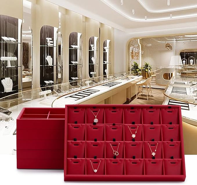 Oirlv Red Leather Jewelry Tray 12-Grid | Red Leather Exterior, Soft Microfiber Interior, 35X24X3Cm Tray with 12 Grid Inserts, Bold Color, Versatile Jewelry Organizer