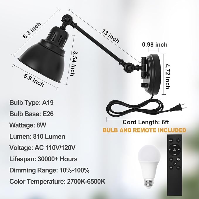 GOODATE 1 Pack Plug in Wall Sconce with Remote Control, Stepless Dimming & Stepless Colors 2700K-6500K, Plug in Wall Light, Swing Arm Wall Lamp with Night Light & Timer, LED Bulb Included
