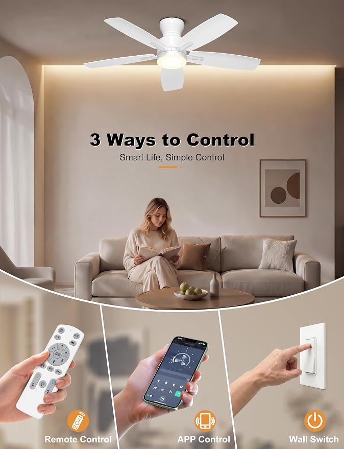 Ohniyou Ceiling Fans with Lights, 42'' Low Profile Ceiling Fan with Light and Remote/APP Control, Modern Flush Mount Ceiling Fan for Indoor Bedroom Kitchen, Dimmable, Quiet DC Motor, White