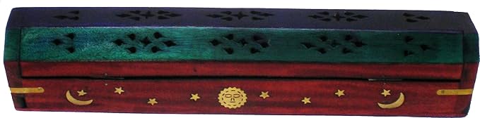 New Age Carved Coffin Celestial Brass Inlay Ash Catcher Incense Stick & Cone Holder [12"] - ID#142001
