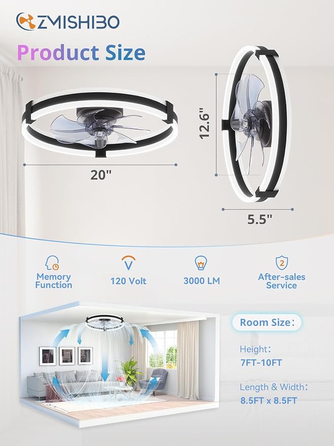 ZMISHIBO RGB Ceiling Fans with Lights and Remote, 20 inch Low Profile Ceiling Fan with Light, 3000K-6000K Dimmable & RGB, Modern Fandelier Flush Mount Ceiling Fan, Small LED Fan for Bedroom