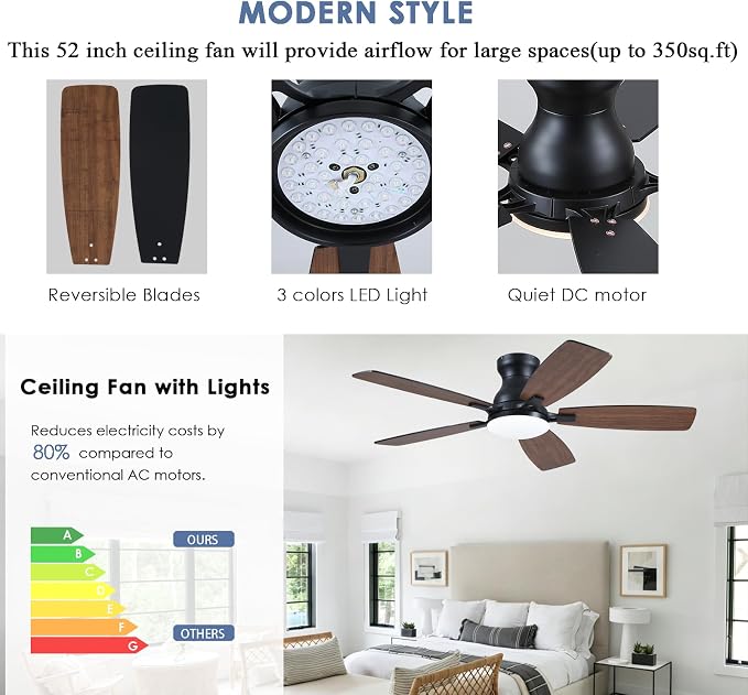 NKPU Ceiling Fans with Lights, Low Profile Ceiling Fan with Light and Remote/APP Control, DC Reversible Motor, Noiseless, Flush Mount, 46inch Brown Ceiling Fan for Bedroom Indoor/Outdoor Use