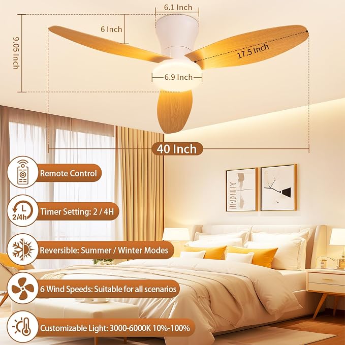 40 inch Ceiling Fan with Lights, Flush Mount with Remote Control | 3 Blades, 6 Speeds, Reversible Quiet DC Motor, Dimmable, 3000-6000K Adjustable, Timer, for Bedroom Dining Room Home Office