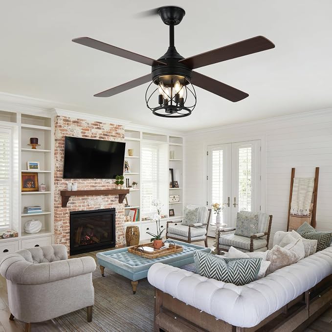 52 Inch Farmhouse Ceiling Fan with Light and Remote Industrial Ceiling Fan Quiet and Reversible DC Motor Rustic Caged Chandelier Fan for Living Room Bedroom Patio (Caged Frame)
