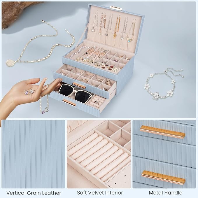 Dajasan Jewelry Box Organizer, 3-Tier Jewelry Storage with 2 Drawers, Large Jewelry Boxes for Women, PU Leather Surface with Texture, Gift Idea, Modern Style, 10.71 x 7 x 5.6 Inches (Smoky Blue)