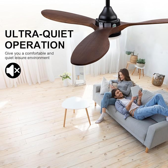 52 inch Ceiling Fans with Lights and Remote Control, Dimmable LED Light, Indoor Outdoor Mordern Black Ceiling Fan with 3 Wood Blade for Patio Living Room, Bedroom, Office, Summer House