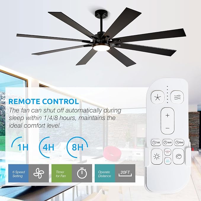 72 inch Ceiling Fans with Lights and Remote, Indoor Outdoor Ceiling Fans for Patios, Black Industrial DC Ceiling Fan with 8 Reversible Blades for Living Room Farmhouse Garage Covered Ourdoor