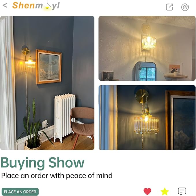 Shenmoyl Vintage Wall Sconce Wall Lamp with Amber Striped Glass Shade Hanging Wall Sconce with 4.9FT Plug in Cord, Modern Wall Lamp Fixtures Decor for Bedside Bedroom Indoor Doorway