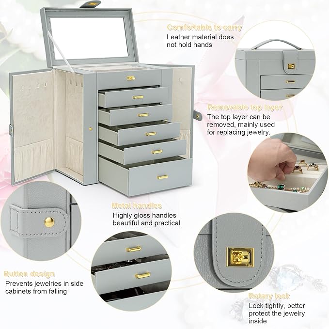 AKOZLIN 6-Tier Jewelry Box Organizer Functional 5 Drawers Leather Jewelry Storage Case for Women Girls Ring Necklace Earring Bracelet Holder Organizer with Mirror Extra Large Grey