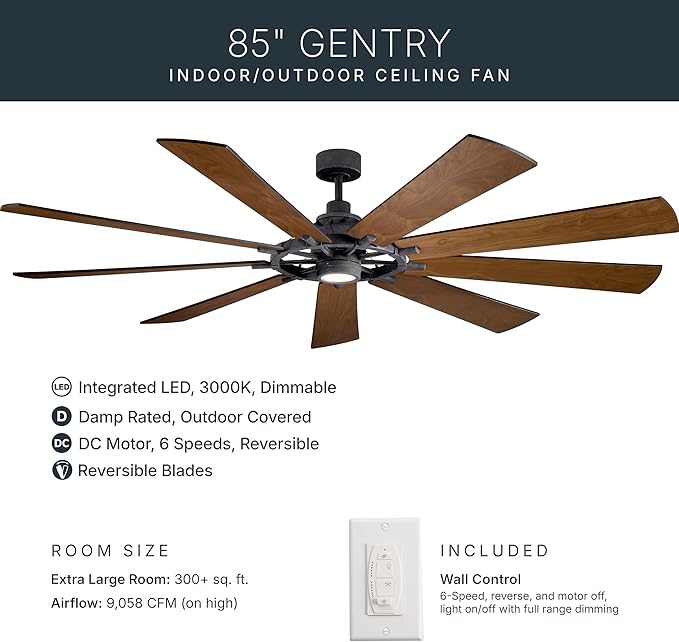 Kichler Gentry XL 85" Ceiling Fan with Lights, 1-Light LED, 3000K, 9 blade Modern Industrial Fan in Distressed Black, (85" W x 16.5" H), 300285DBK