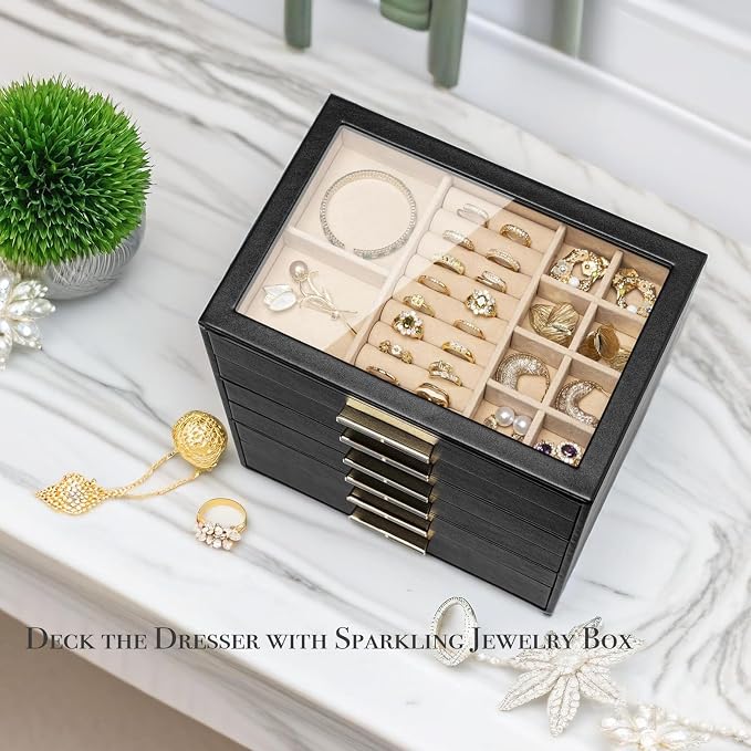 VLANDO 6-Drawer Jewelry Box with Glass Lid, Faux Leather Organizer for Rings Earrings Necklaces and More, Gift-Ready Jewelry Case for Women Girls or Moms, Black
