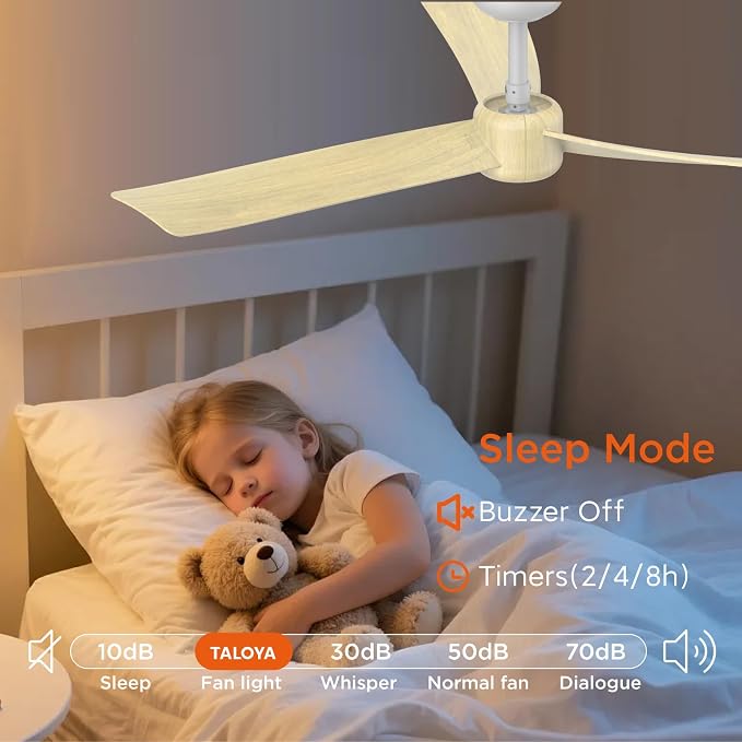 TALOYA 52 Inch Ceiling Fans with Lights Led Remote Control Flush Mount Low Profile for Living Room Bedroom Outdoor Patio,DC Motor,Reversible,Dimmable,Buzzer ON/Off,3 Blades,Oak