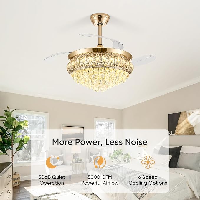 48" Fandelier Ceiling Fan with Light, Crystal Retractable Ceiling Fan with Lights and Remote, Chandelier Fans for Bedroom Living Room, Reversible DC Motor, Dimmable, 6 Speeds -Gold