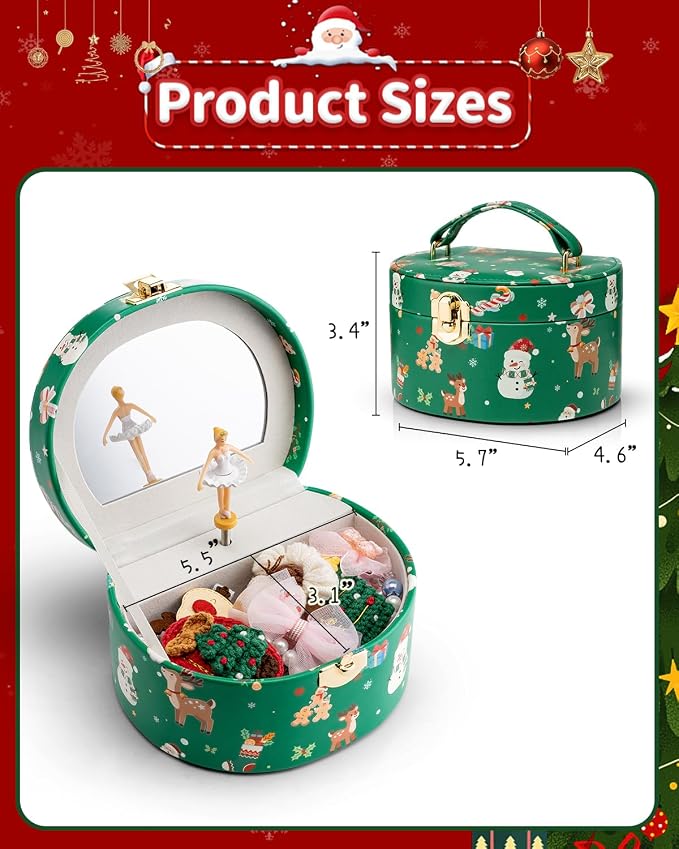 VLANDO Gifts for Girl, Musical Jewelry Box for Girls, Small Kid Music Box with Ballerina for Party Bedroom Decor, Gifts for Girls Kids - Christmas Green