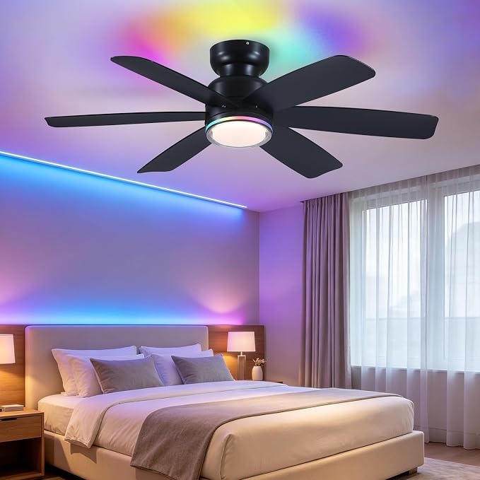 Kviflon 46" Modern Ceiling Fans with RGB Lights Remote/APP Control, Low Profile Flush Mount Ceiling Fan, 6 Reversible Plastic Blades 6 Speeds, RGB + 3 CCT Dimmable Lights for Bedroom Kidsroom, Black