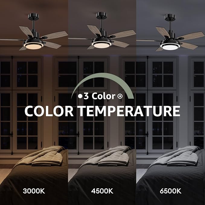 Ceiling Fans with Lights and Remote Control, 42 Inch Flush Mount Ceiling Fan with Quiet Reversible DC Motor, Dimmable LED Lighting, 6 Speeds, Timer, Black Ceiling Fan for Bedroom Living Room