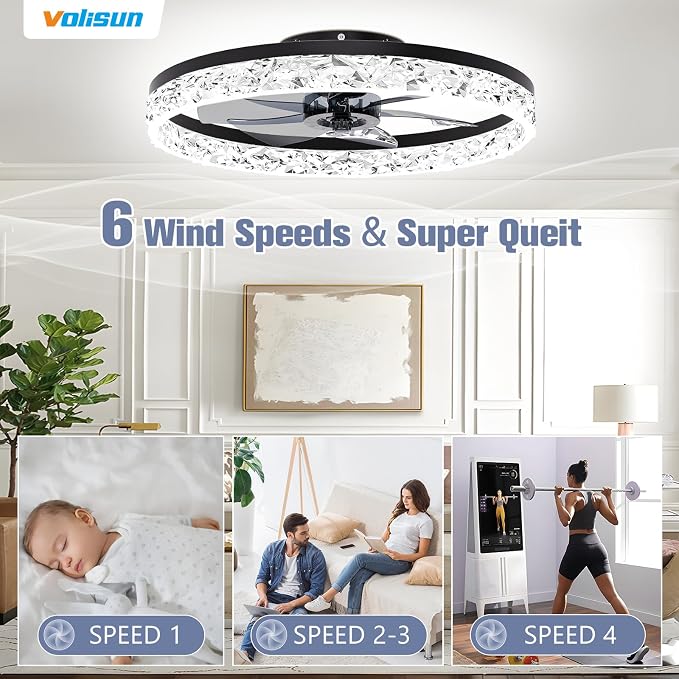 VOLISUN Fandelier Ceiling Fans with Light, 23.6in Low Profile Ceiling Fan with Light and Remote, 3000K-6500K Dimmable Bladeless Ceiling Fan Flush Mount, Black Modern Ceiling Fan with Light for Bedroom