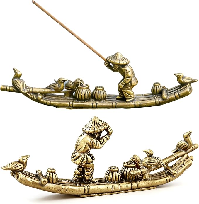 Vintage Solid Brass Bamboo Raft Fisherman Figurines, Incense Holder Zen Decor for Tea Table, Home Office Collectible Sculpture for Zen Enthusiasts Tea Lovers