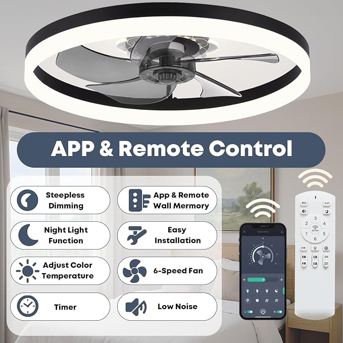 FSZDORJ 24'' Ceiling Fan with Light and Remote, Low Profile Ceiling Fan with Light, Dimmable Flush Mount Ceiling Fan Light, 6 Speeds Fan, App&Remote Control, Fandelier Quiet Fan for Bedroom F115 White