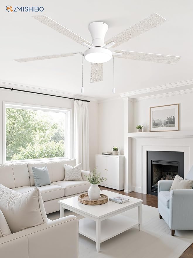 ZMISHIBO Ceiling Fans with Lights, Low Profile Ceiling Fan with Pull Chain and Remote Control, Flush Mount, Reversible, Dimmable, Noiseless, White Pull Cord Ceiling Fan for Bedroom(60inch White)