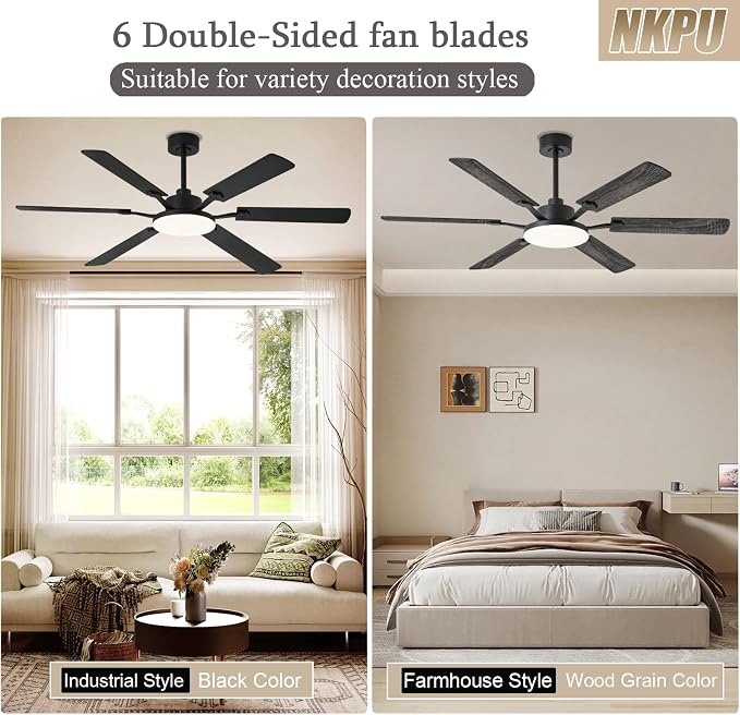 60 Inch Ceiling Fans with Lights, Large Modern Black Ceiling Fan with Light and Remote Control, 6 Double Sided Blades, 6 Speed Reversible Motor, Dimmable LED, Silent Timing, Indoor Outdoor Patio Use
