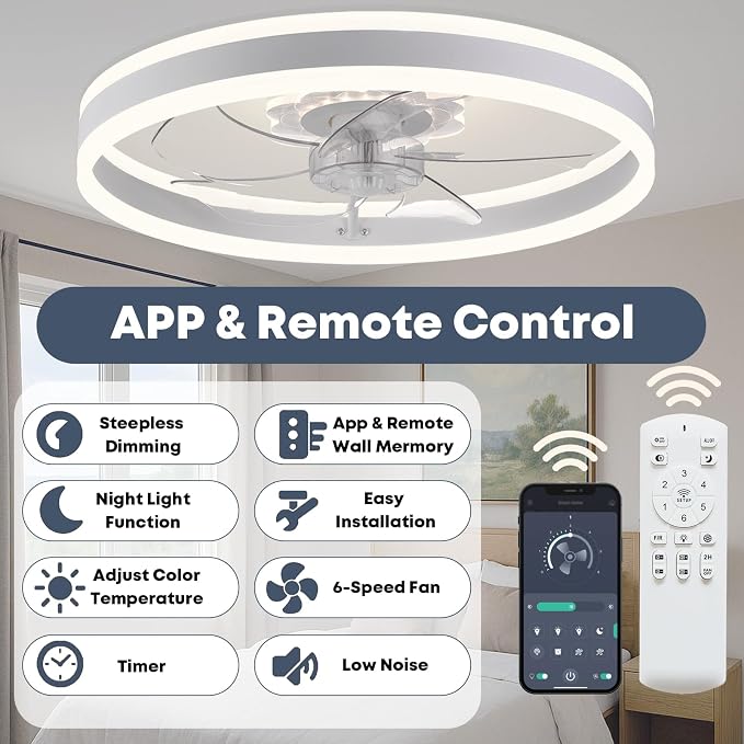 FSZDORJ 24'' Ceiling Fan with Light and Remote, Low Profile Ceiling Fan with Light, Dimmable Flush Mount Ceiling Fan Light, 6 Speeds Fan, App&Remote Control, Fandelier Quiet Fan for Bedroom F105 White