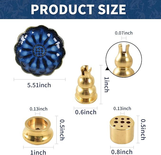 Incense Holder, Ceramic Handmade Incense Burner Tray Set with 3 Styles Copper Incense Accessories for Joss Stick, Tower Incense, Home Office Decoration