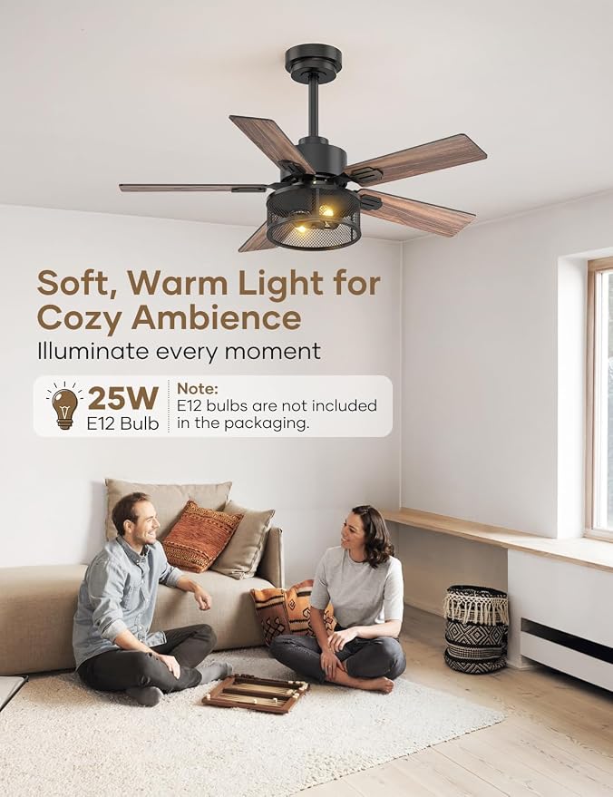 Farmhouse Ceiling Fans with Lights and Remote, 42 Inch Black Caged Ceiling Fan, Indoor/Outdoor Ceiling Fan with Dual-Color Blade Warm White Lighting for Bedroom, Patio, Kitchen, Living Room