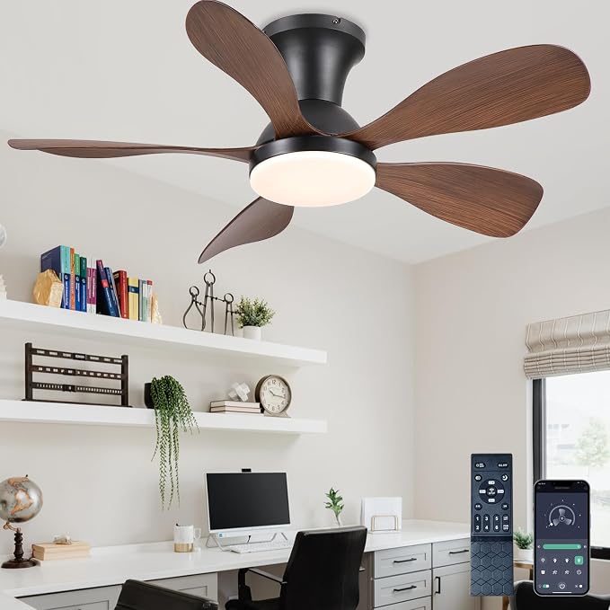 NKPU 33inch Low Profile Ceiling Fans with Lights and Remote/APP Control, Reversible DC Motor, 6 Speeds, Modern Flush Mount Ceiling Fan with 5 Blades for Outdoor Patio,Small Room,Bedroom, Brown
