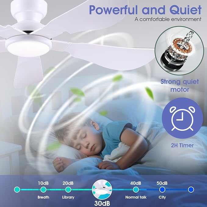 Kviflon 52 Inch Modern Ceiling Fans with Lights, Flush Mount Ceiling Fan with Light and Remote/APP Control, 5 Reversible 6 Speeds Curved Blades, 3 CCT Dimmable Lights for Bedroom, White