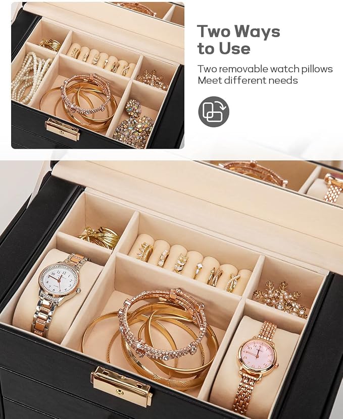 Homde Synthetic Leather Huge Jewelry Box Mirrored Watch Organizer Necklace Ring Earring Storage Lockable Gift Case (Black + Gold)